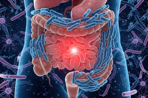 Magen-Darm-Grafik mit Darmbakterien (Mikrobiom)