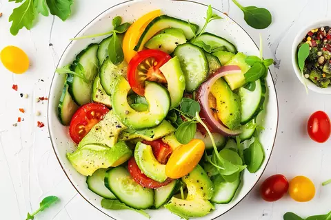 Teller mit Tomaten, Gurken und Avocado als Beispiel für eine ausgewogene Ernährung bei Blähungen.