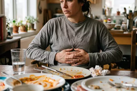 Frau hält sich nach dem Essen den Bauch und sitzt vor leeren Tellern – Beschwerden wie Blähungen
