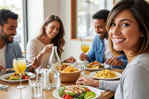 Zwei Frauen und zwei Männer essen gemeinsam; eine Frau lächelt in die Kamera – entspanntes Wohlbefinden im Alltag.