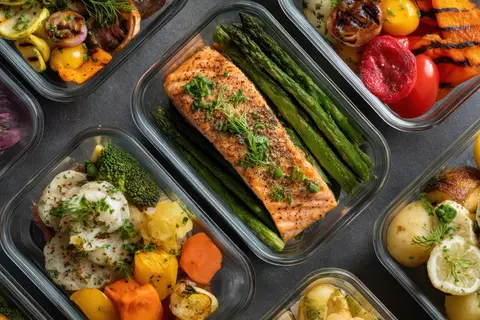 Lachs mit Spargel und Gemüse als Beispiel für ein leichtes Essen bei Verdauungsbeschwerden